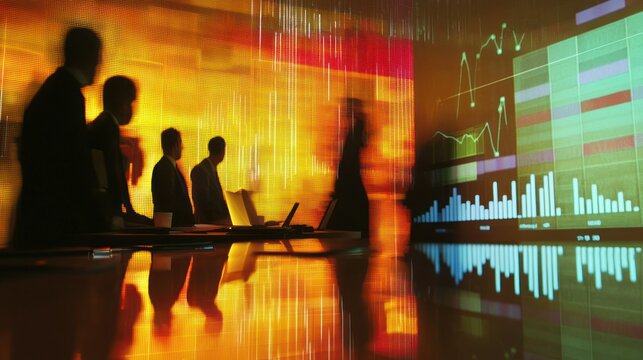 A business team in a brainstorming session with digital projections and charts, reflecting a fast-paced and dynamic business atmosphere.