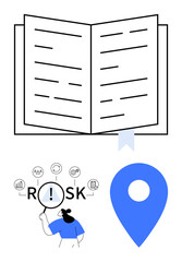 Open book with bookmark, person analyzing risk with icons, and a location pin. Ideal for education, research, planning, navigation, strategy, decision-making and abstract line flat metaphor