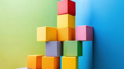 Colorful Building Blocks Structure Against a Green and Blue Background