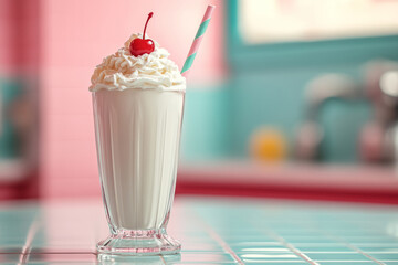 Vanilla milkshake with whipped cream and cherry in retro diner