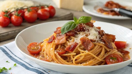 Aromatic Spaghetti with Crispy Bacon, Cherry Tomatoes, and Parmesan