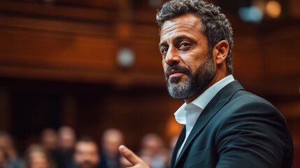 Obraz premium confident businessman giving speech, confident businessman in a formal suit addressing a group of people in a professional setting, conveying leadership and trust