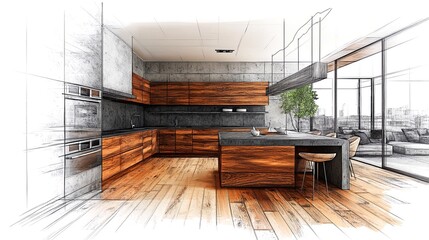 Naklejka premium Sketch of modern kitchen and living room with wooden floors.