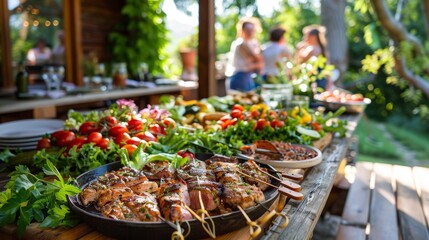 Fototapeta premium Outdoors Dinner Table with Gorgeous-Looking Barbecue Meat, Happy Joyful People Dancing to Music, Celebrating and Having Fun in the Background