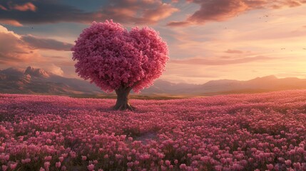 Heart Shaped Tree in Pink Flower Field at Sunset Romantic Landscape Photography