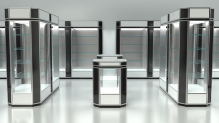 Retail store interior mockup with counter displays and showcases. Metal glass display showcases with lighting and black and white panels. 3d illustration on white background