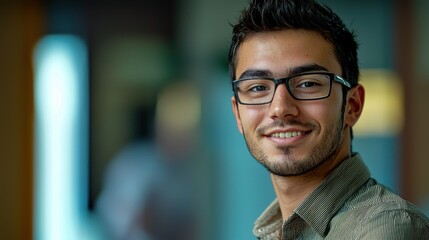 A dynamic portrait of a young professional in an office environment, smiling and exuding positive energy.