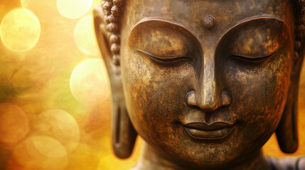 A serene close-up of Buddha&Atilde;&cent;&Acirc;&Acirc;s face, with closed eyes and a peaceful smile, surrounded by a soft golden glow
