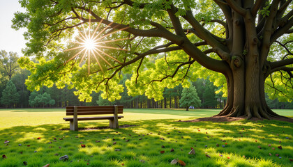 Scenic park bench under lush tree in bright sunlight, tranquility