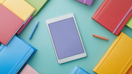 A flat lay of colorful notebooks and a tablet showing an online learning platform. digital