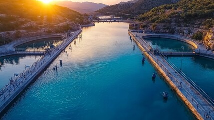 Fototapeta premium Sunset over Adriatic Sea inlet, lock system, clear water. Use Travel brochure