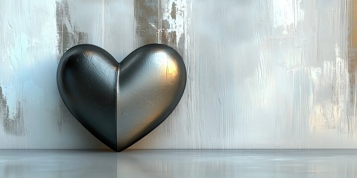 Sculpted metallic heart against a textured white wall creates an artistic atmosphere in a modern setting