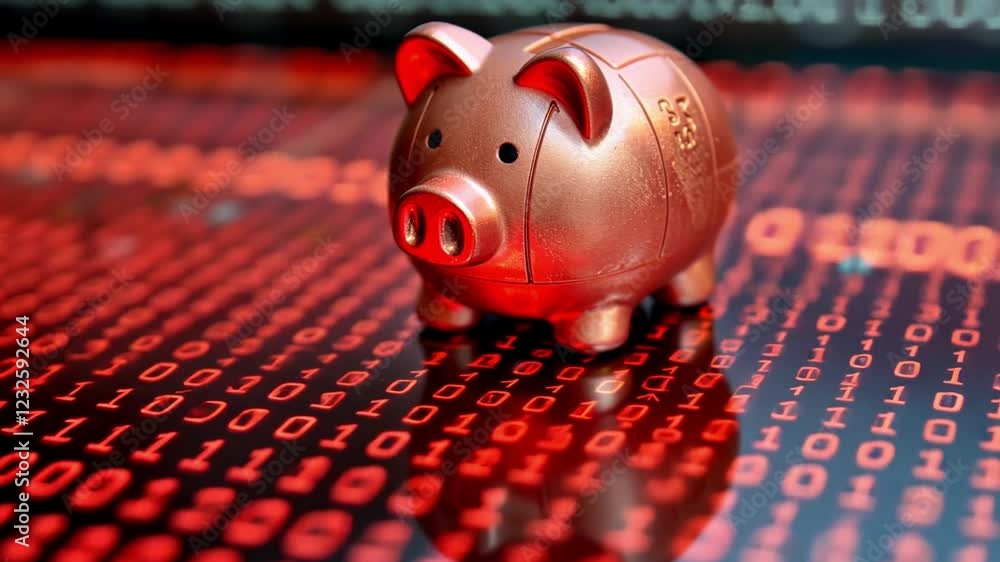 Poster digital finance concept with a piggy bank on a background of binary code