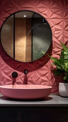 3D wall panels in a dark pink hue with a triangular pattern, matte finish, in a contemporary bathroom setting
