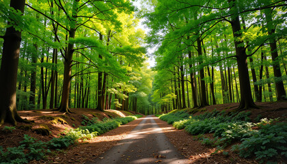 Fototapeta premium Serene pathway in lush forest with sunlight, nature's beauty