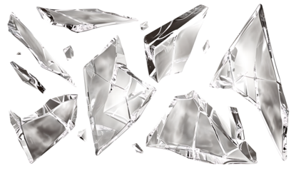 A set of cracked glass pieces scattered across the ground, with fine fractures, isolated on a white background.