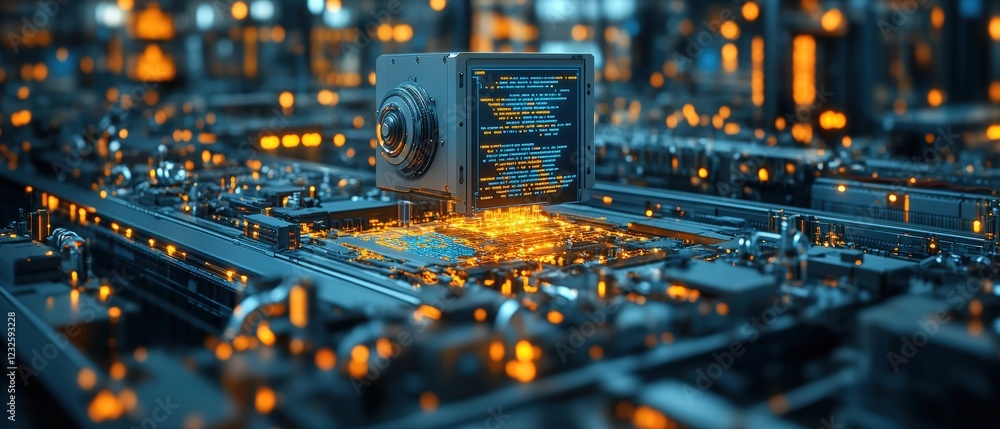 Poster computer processor with glowing orange light showcasing technology and innovation in electronic comp