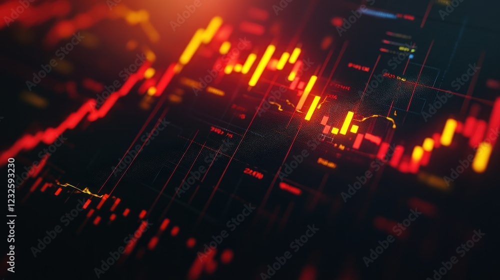 Poster stock market data visualization: dynamic candlestick chart displaying financial trends and price flu