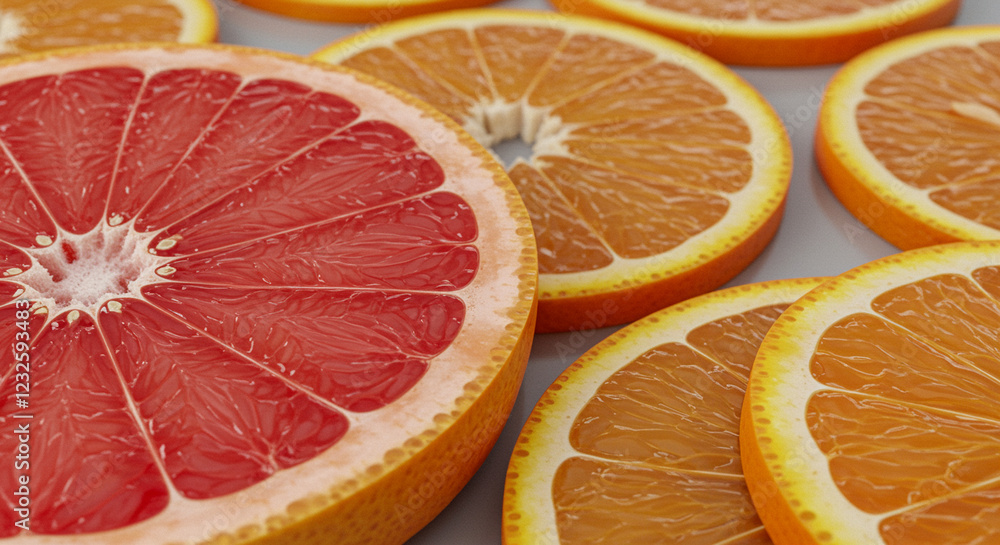 Poster grapefruit and orange slices on a flat surface. sliced grapefruit and orange citrus fruits arranged 