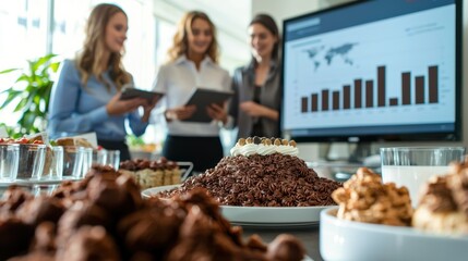 A business team discussing value-added services in a conference room, looking at digital presentations on how to improve customer experience.