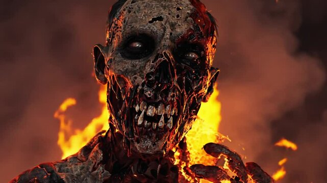 A zombie engulfed in burning embers, with charred flesh, glowing cracks, and sharp, devilish teeth