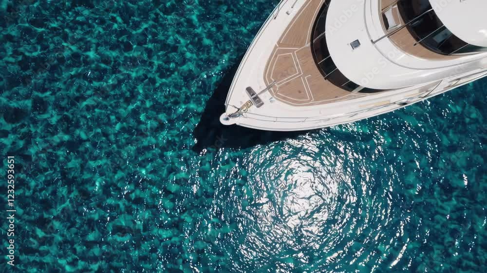 Poster luxurious white yacht navigates across vibrant turquoise waters, creating a mesmerizing ripple effec