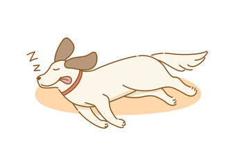 床で舌を垂らしていびきをかいて幸せそうに寝ている耳の垂れた犬のイラスト