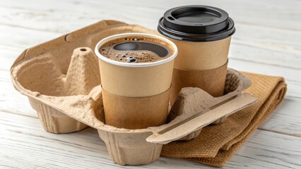 Two disposable cups of coffee in a cardboard carrier on a table