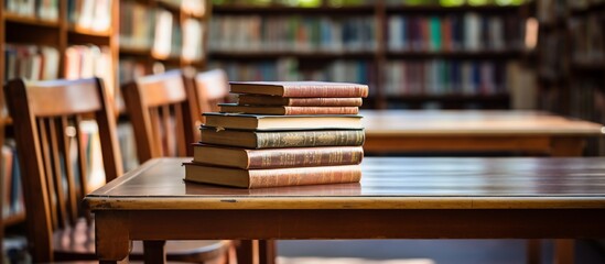 Obraz premium A stack of books on a wooden table in a quiet library filled with shelves of literature