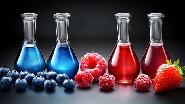 Colorful flasks with vibrant liquids alongside fresh fruits in a dark setting
