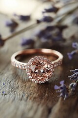 Elegant Peach Morganite Ring with Rustic Lavender Accents
