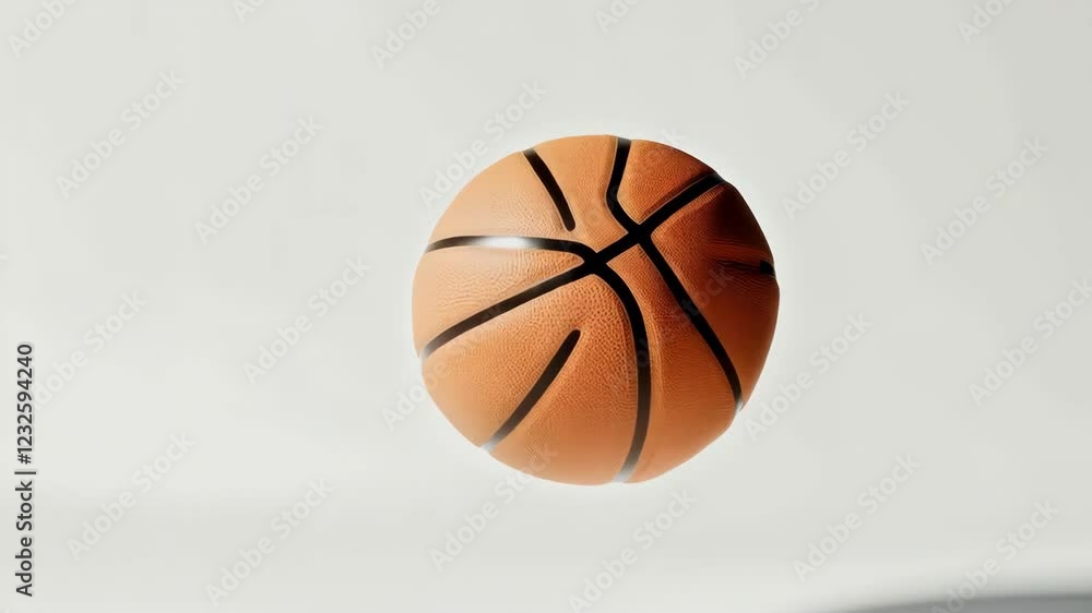 Poster classic orange basketball levitating over a white surface, casting a subtle shadow, creating a minim