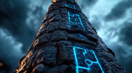 A striking stone tower adorned with glowing blue patterns against a moody, cloud-filled sky, evoking feelings of mystery and ancient technology in a surreal atmosphere.
