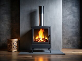 Minimalist wood stove, burning, black metal fireplace, photography.