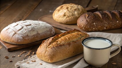 A Rustic Still Life Featuring Four Loaves of Freshly Baked Bread and a Mug of Milk