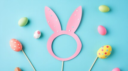 Pink bunny ears cutout and colorful Easter eggs on a bright blue background. Easter holiday celebration concept