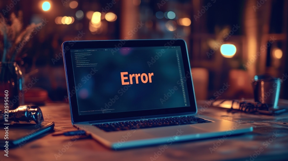 Poster laptop displaying error message on a dark wooden table