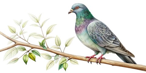 Single-line pigeon illustration: a minimalist drone-style perspective of a bird on a branch.