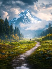 A serene path leads through a lush valley toward a majestic, snow-capped mountain under a dramatic sky.