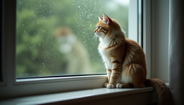 A ginger cat with white fur sits on a windowsill, gazing out at the rainy scene outside. The window has raindrops on it, and the background is blurred with greenery, creating a serene and contemplativ