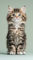 Obraz premium Full body portrait of fluffy tabby kitten looking upward on a light green background with expressive eyes