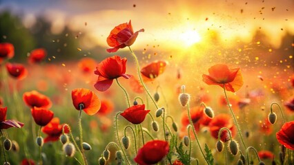 Obraz premium A lush poppy field sways gently in the warm sunlight