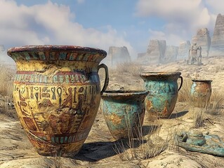 Ancient decorative pots in a desert landscape showcasing history.