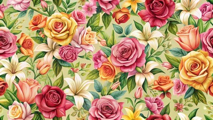 Floral seamless pattern with colorful roses and lilies in a repeating design