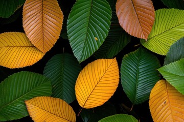 Textured Close-Up of Colorful Tree Leaves, Featuring Green, Yellow and Brown Autumn Tones