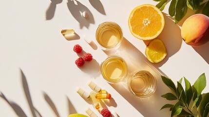 A flat lay of essential vitamins styled with fresh fruit and water. digital