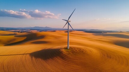 Obraz premium Farmland aerial photo capturing a lone windmill surrounded by golden wheat fields