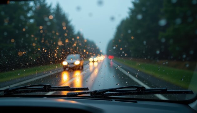 A rainy day view from inside a car, with raindrops on the windshield and blurred headlights of oncoming traffic on a wet road lined with trees