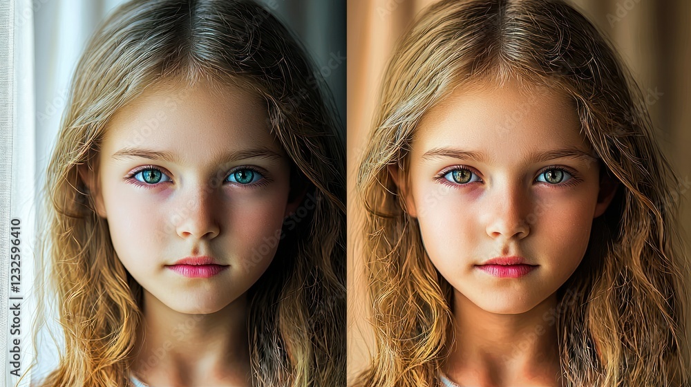 Poster a professional image enhancement process on a computer, showing the transformation of a regular phot
