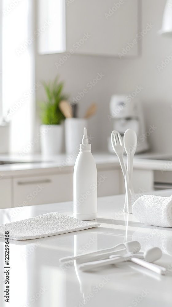 Poster White kitchen utensils and condiments arranged on a clean counter with natural light highlighting the space. Generative AI